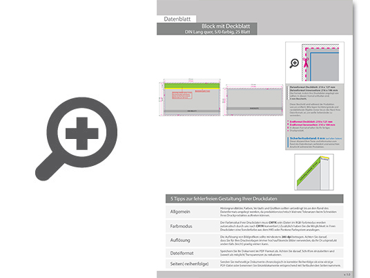 Product Bild block_mit_leimbindung_und_deckblatt__din_lang_quer__25_blatt__5_0_farbig_einseitig_bedruckt_(cmyk_4-farbig_+_1_sonderfarbe_hks_oder_pantone)